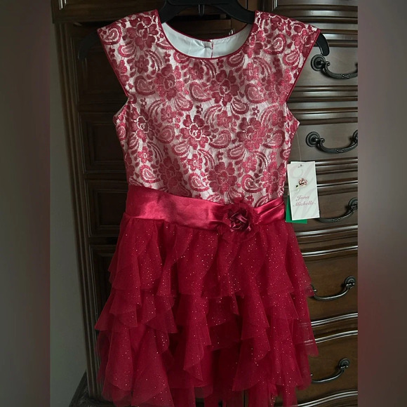 Jona Michelle Girls Red Lace Glitter Tiered Holiday Party Dress Size 7 - Picture 1 of 3